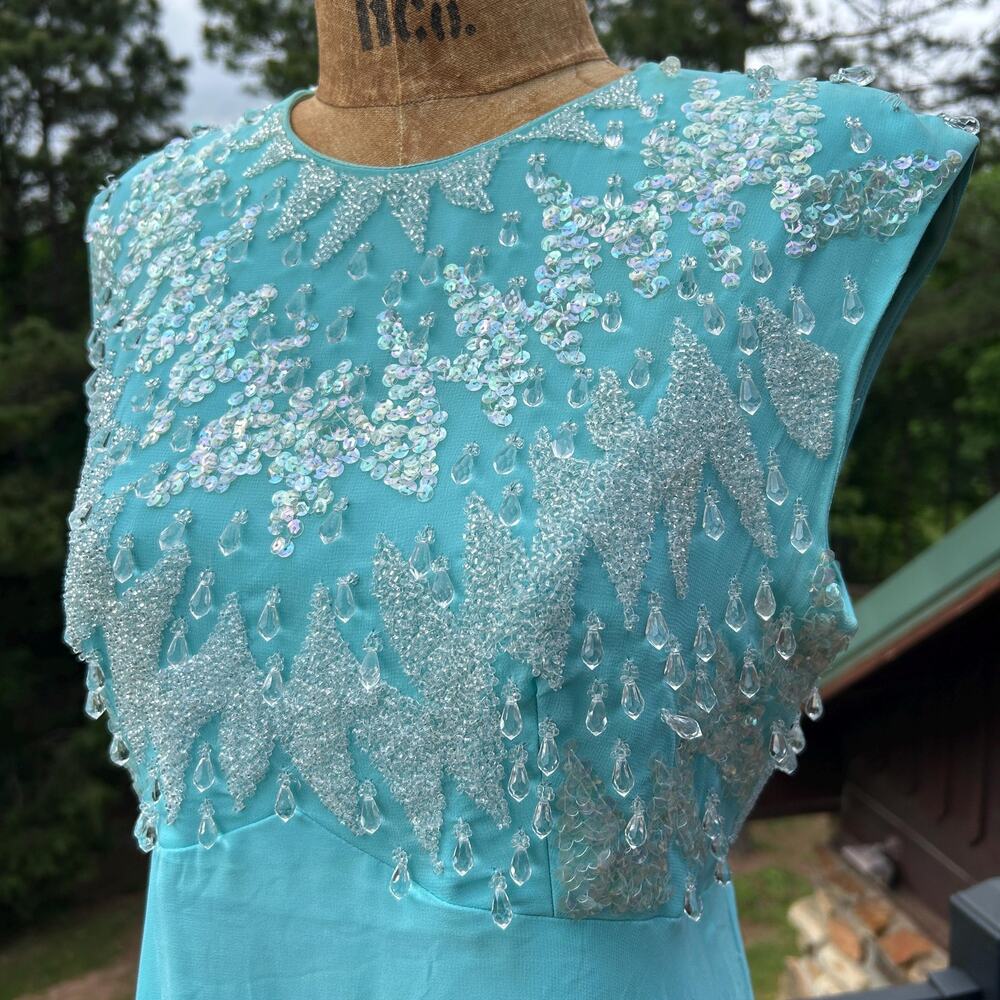 Vintage 60s Icy Frosted Sequined Beaded Chiffon Empire Flowy Maxi Gown M